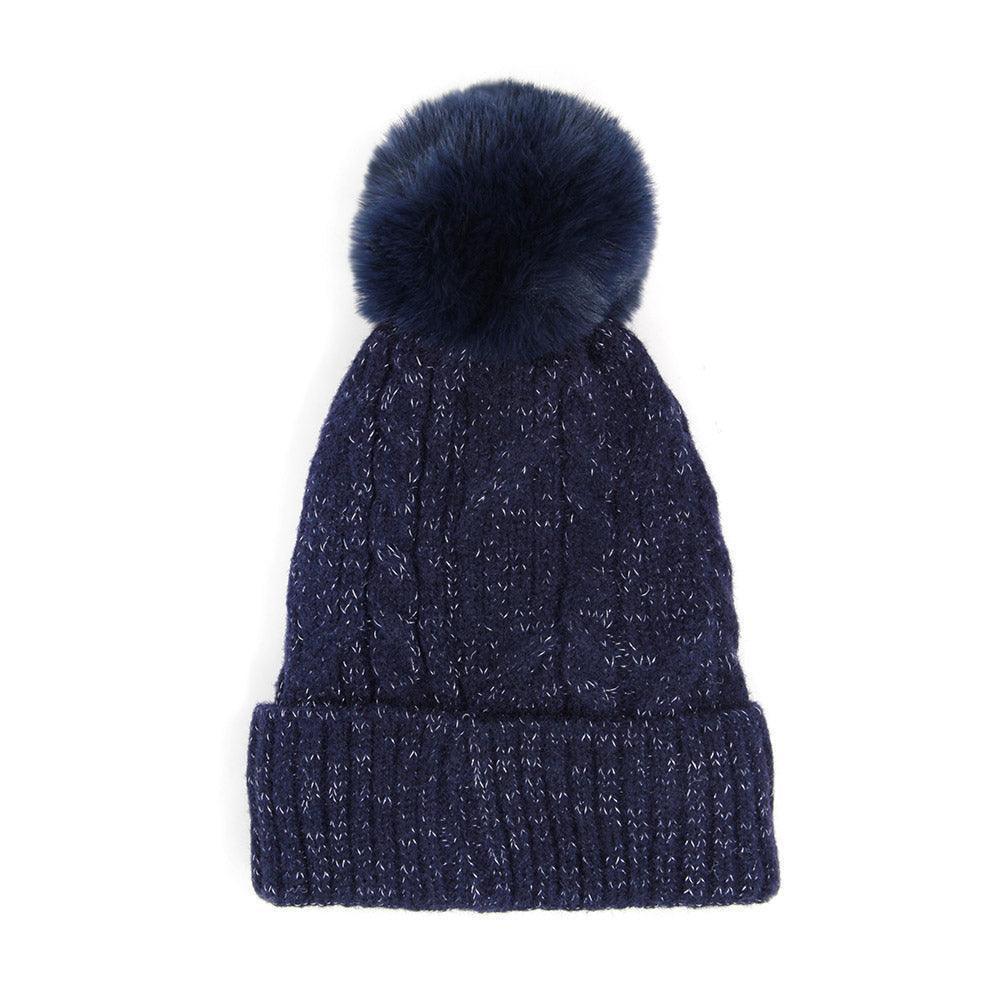 Lurex Accented Solid Cable Knitted Pom Pom Beanie Hat - Jewelry Store by Erik Rayo