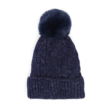 Load image into Gallery viewer, Lurex Accented Solid Cable Knitted Pom Pom Beanie Hat
