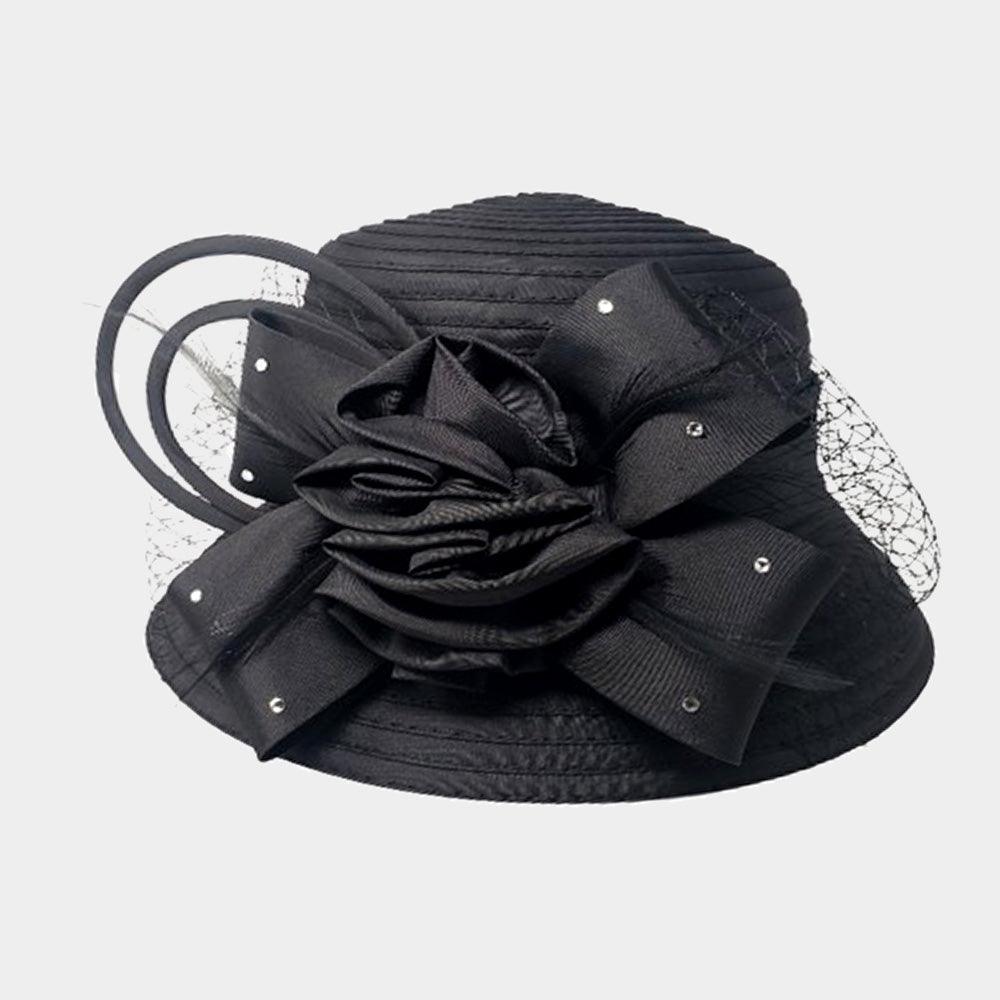 Studded Bow Flower Mesh Dressy Hat