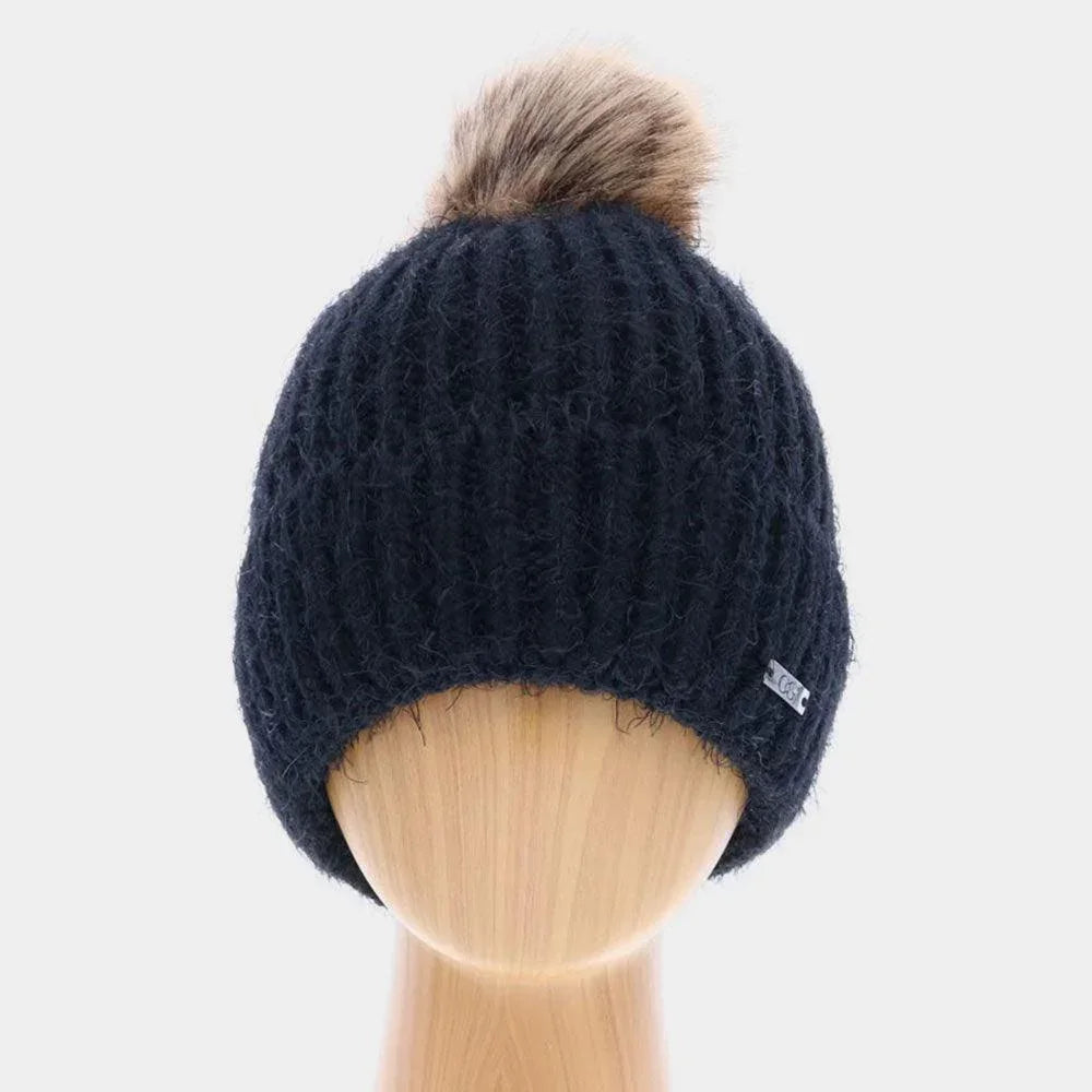 Faux Fur Pom Pom Cuffed Single Layered Beanie Hat - Jewelry Store by Erik Rayo