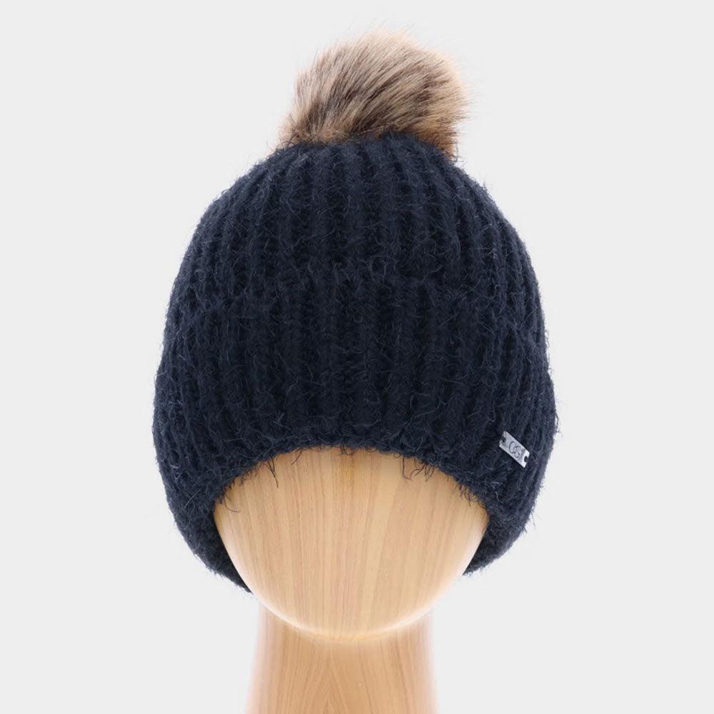 Faux Fur Pom Pom Cuffed Single Layered Beanie Hat