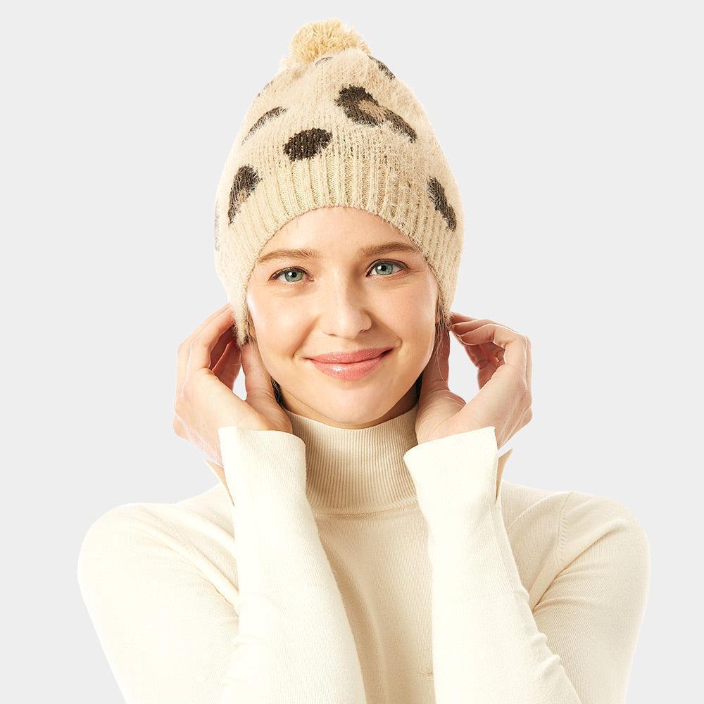 Soft Fuzzy Leopard Print Beanie Hat With Pom Pom - Jewelry Store by Erik Rayo