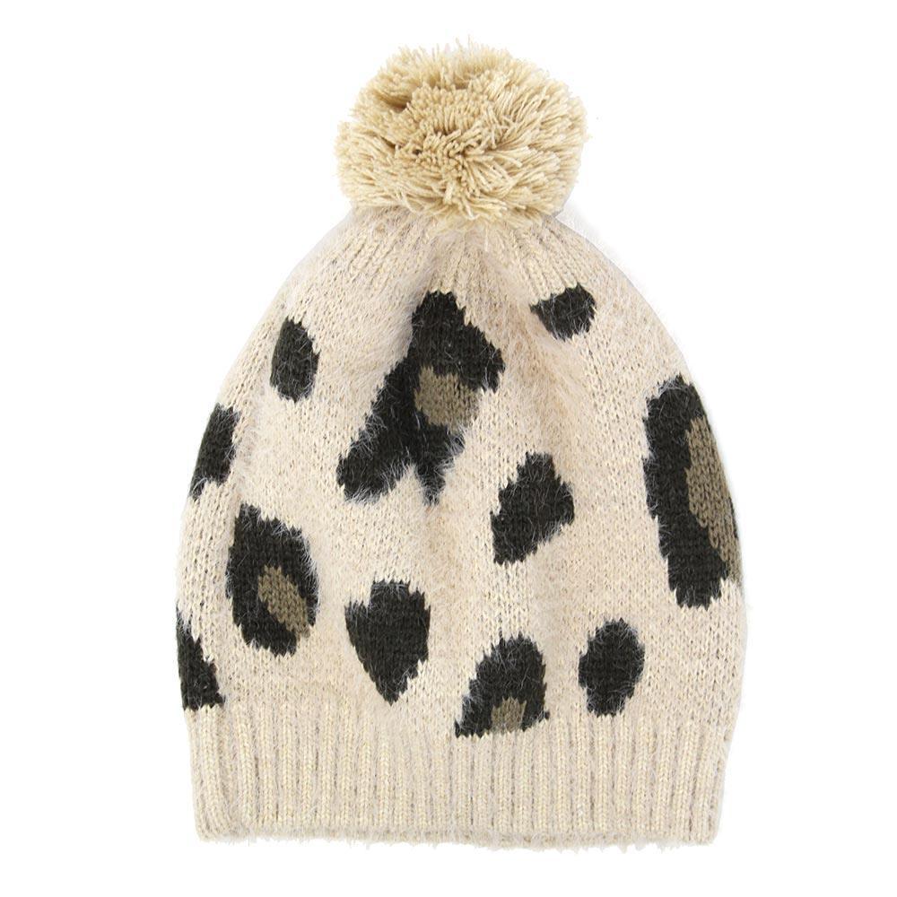 Soft Fuzzy Leopard Print Beanie Hat With Pom Pom - Jewelry Store by Erik Rayo