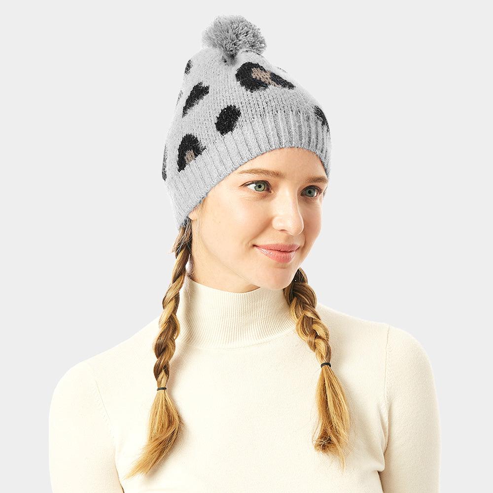 Soft Fuzzy Leopard Print Beanie Hat With Pom Pom