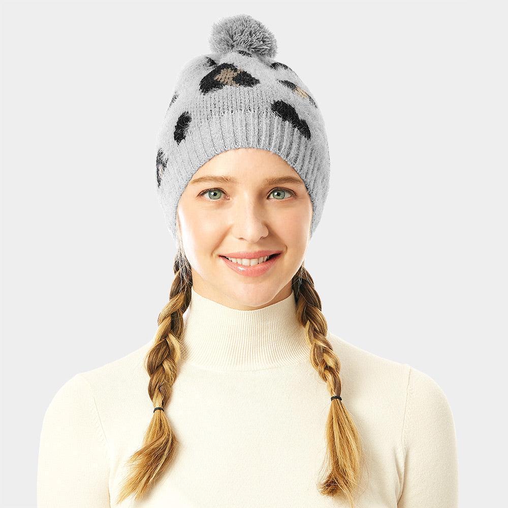 Soft Fuzzy Leopard Print Beanie Hat With Pom Pom - Jewelry Store by Erik Rayo