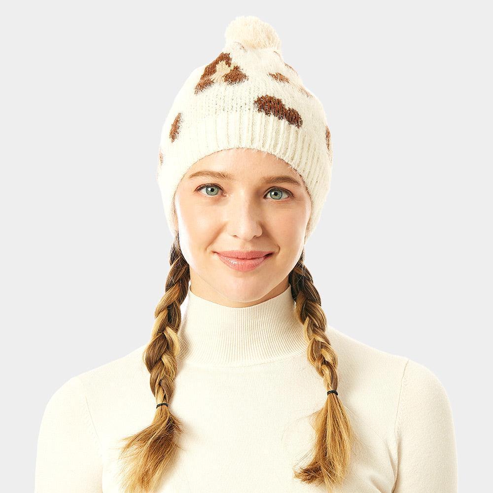 Soft Fuzzy Leopard Print Beanie Hat With Pom Pom - Jewelry Store by Erik Rayo