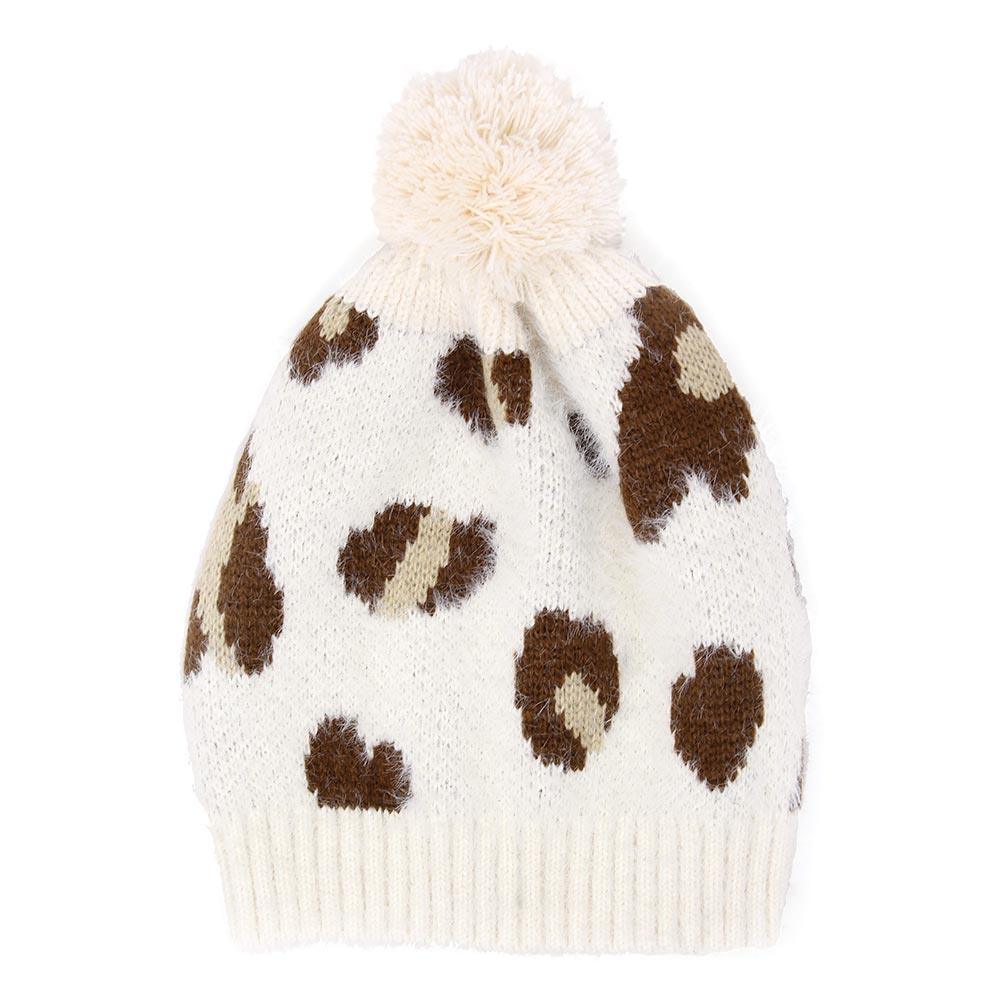 Soft Fuzzy Leopard Print Beanie Hat With Pom Pom - Jewelry Store by Erik Rayo