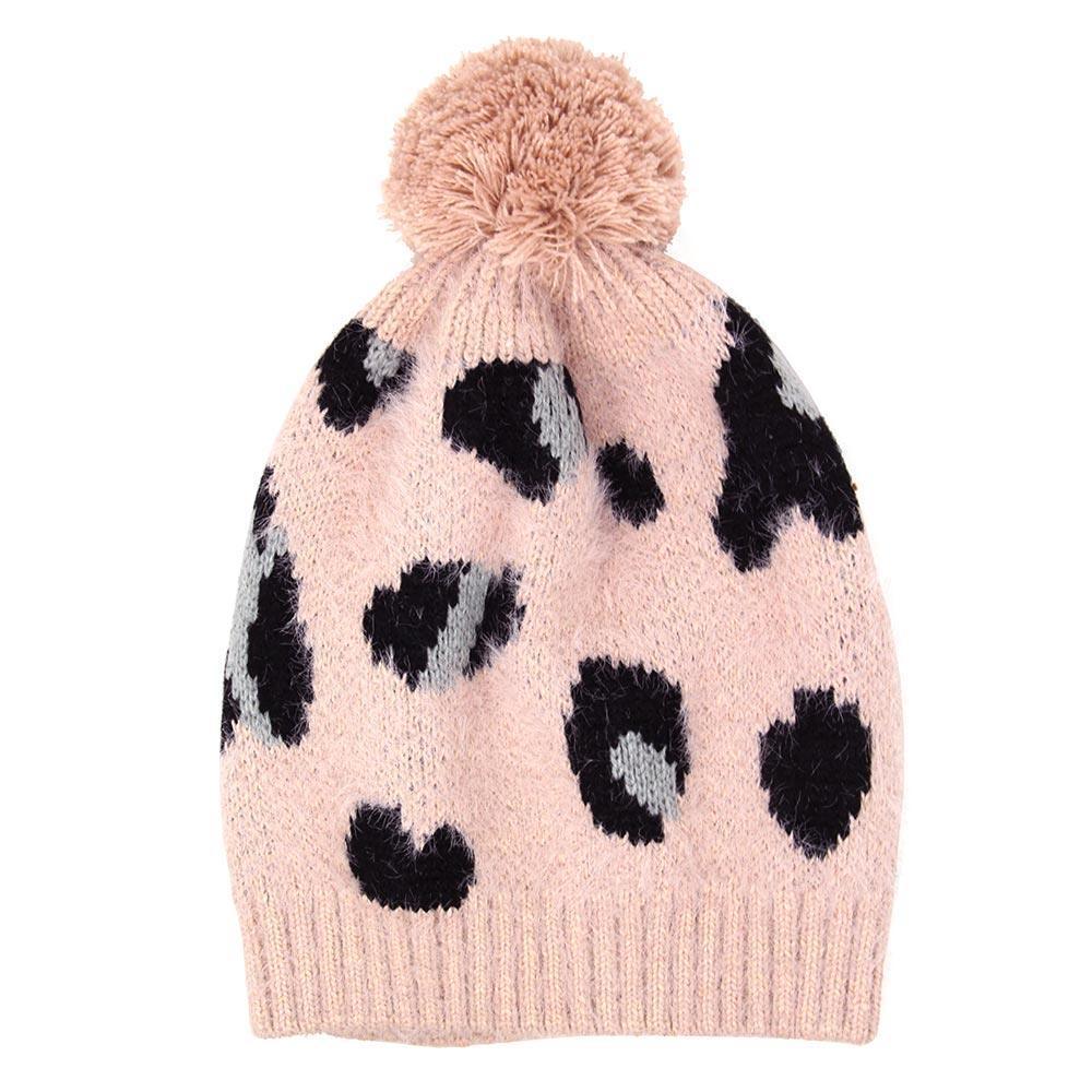 Soft Fuzzy Leopard Print Beanie Hat With Pom Pom - Jewelry Store by Erik Rayo