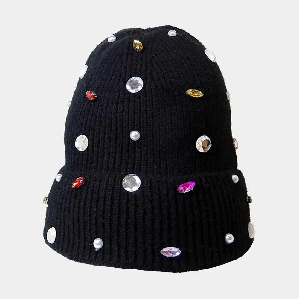 Pearl Jewel Embellished Fleece Lining Knit Beanie Hat - Jewelry Store by Erik Rayo