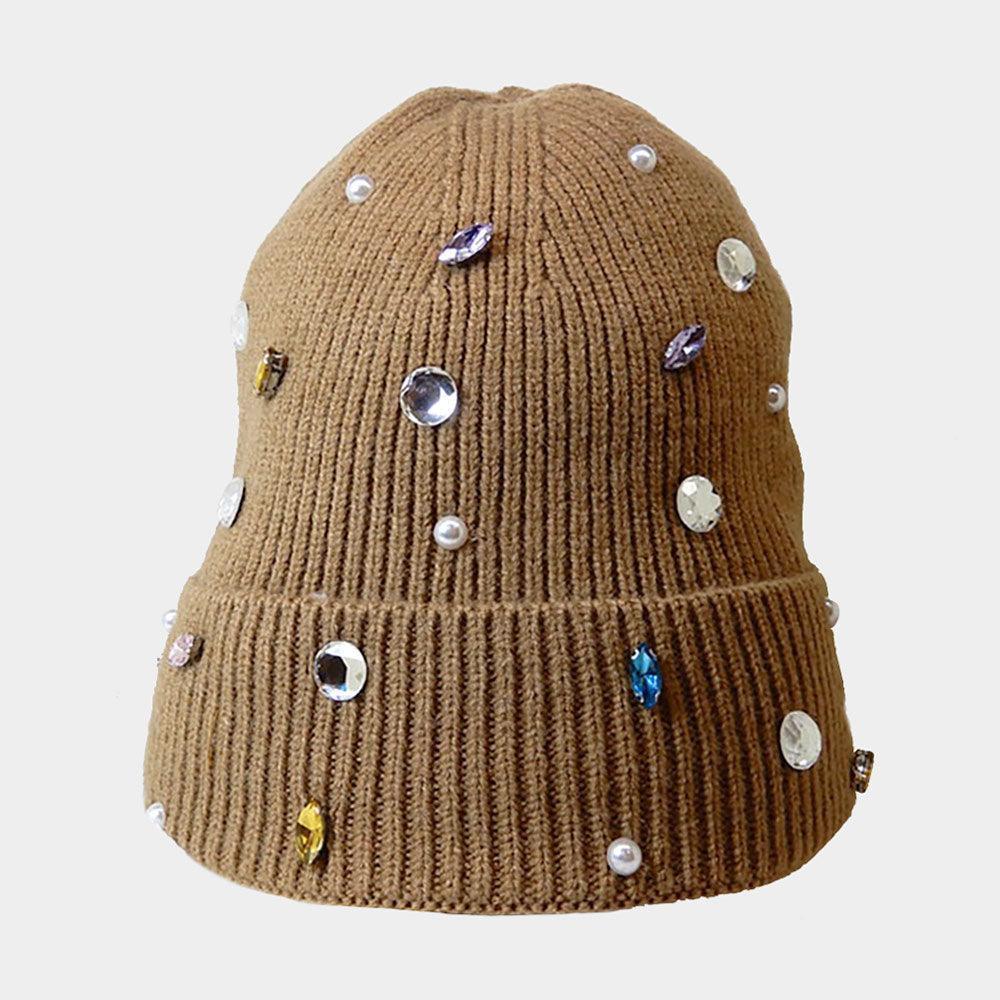 Pearl Jewel Embellished Fleece Lining Knit Beanie Hat - Jewelry Store by Erik Rayo