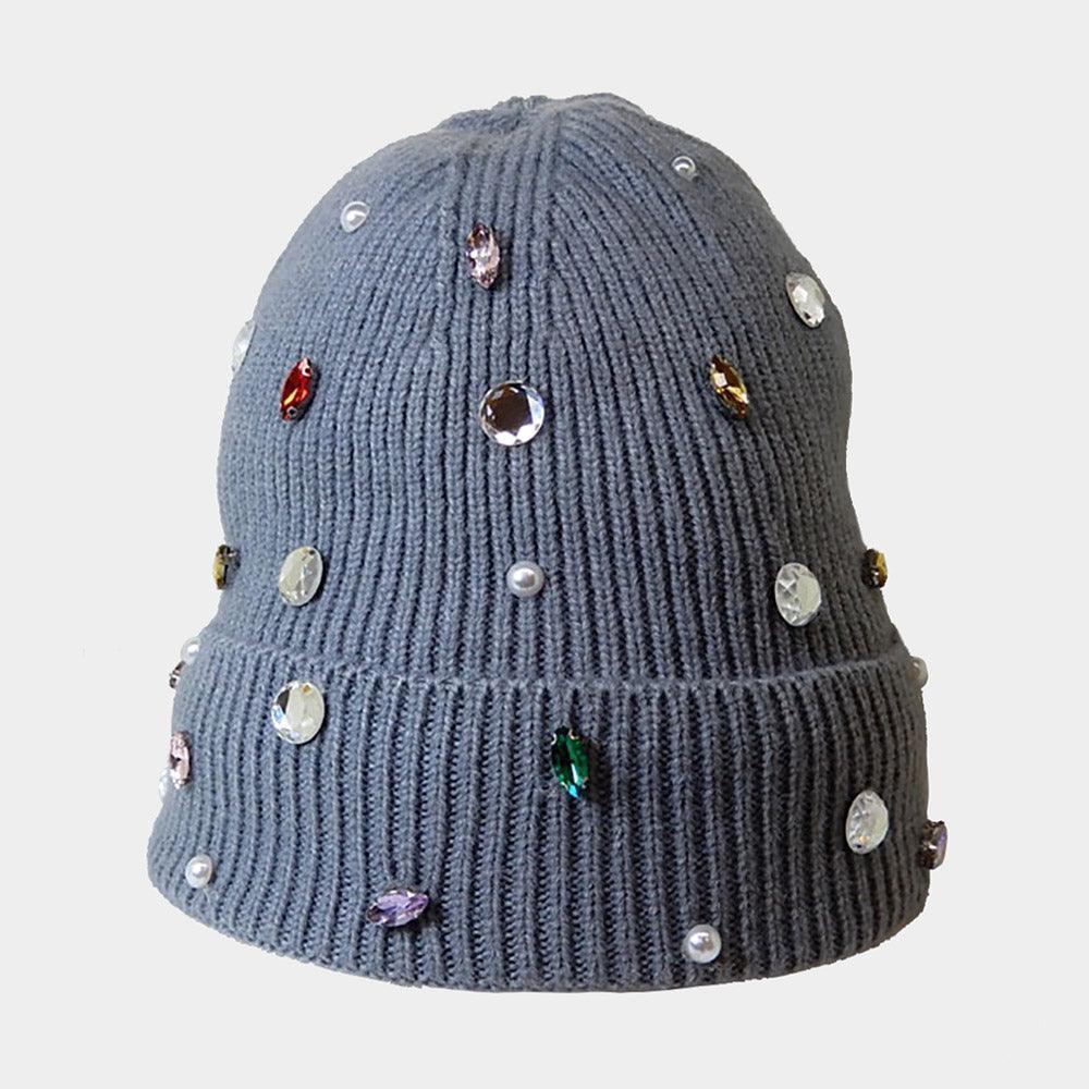 Pearl Jewel Embellished Fleece Lining Knit Beanie Hat - Jewelry Store by Erik Rayo
