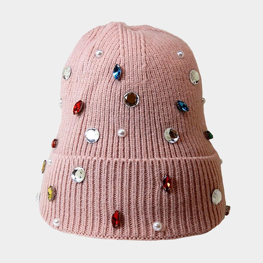 Pearl Jewel Embellished Fleece Lining Knit Beanie Hat - Jewelry Store by Erik Rayo