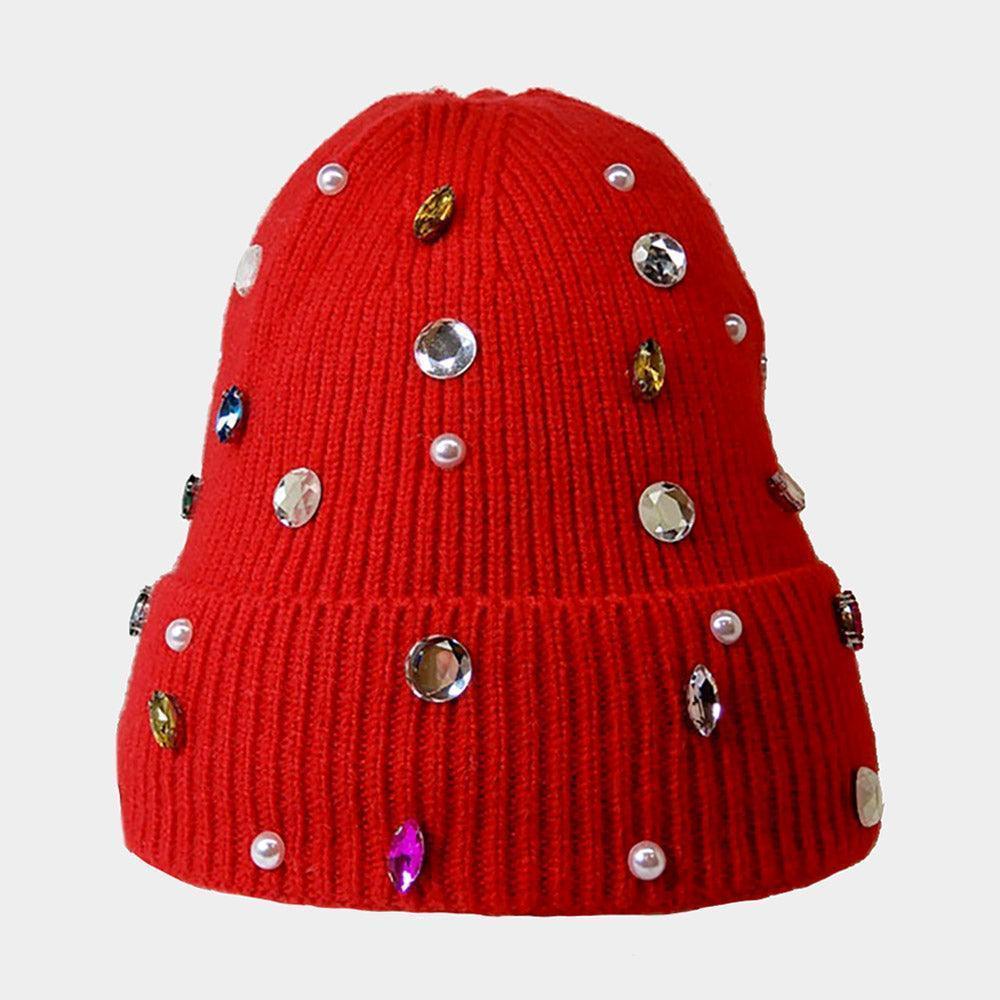 Pearl Jewel Embellished Fleece Lining Knit Beanie Hat - Jewelry Store by Erik Rayo