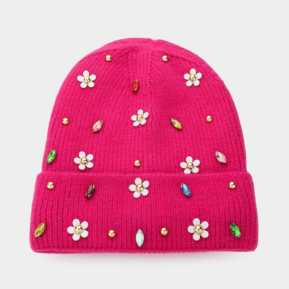 Fleece Lining Daisy Flower Stone Embellished Solid Knit Beanie Hat - Jewelry Store by Erik Rayo