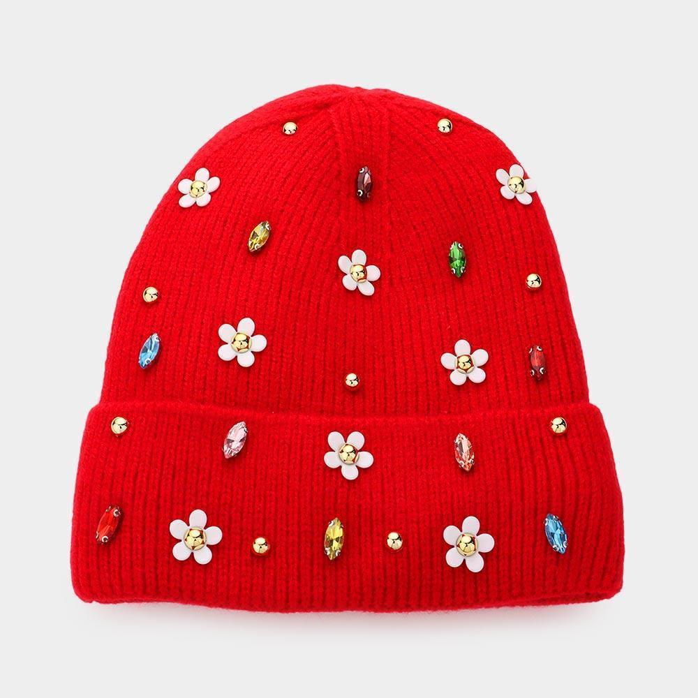 Fleece Lining Daisy Flower Stone Embellished Solid Knit Beanie Hat - Jewelry Store by Erik Rayo