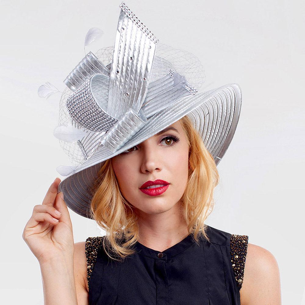 Feather crystal detail metallic satin hat - Jewelry Store by Erik Rayo