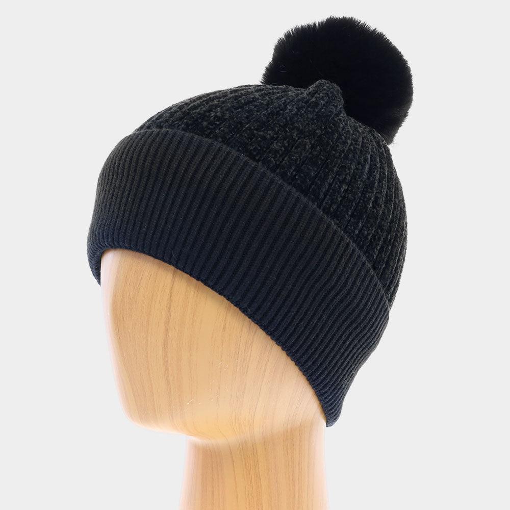 Solid Knit Faux Fur Pom Pom Beanie Hat