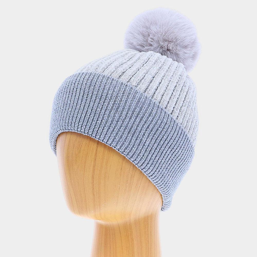 Solid Knit Faux Fur Pom Pom Beanie Hat