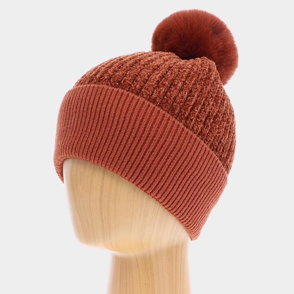 Solid Knit Faux Fur Pom Pom Beanie Hat - Jewelry Store by Erik Rayo