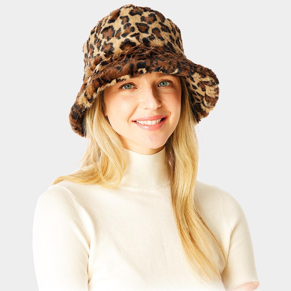 Leopard Patterned Soft Faux Fur Bucket Hat