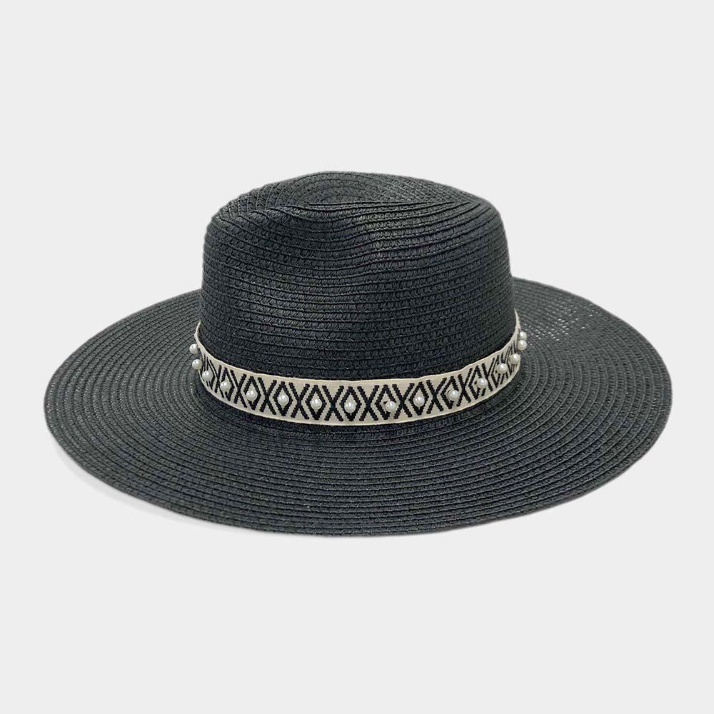 Pearl Embellished Aztec Band Panama Sun Hat - Jewelry Store by Erik Rayo