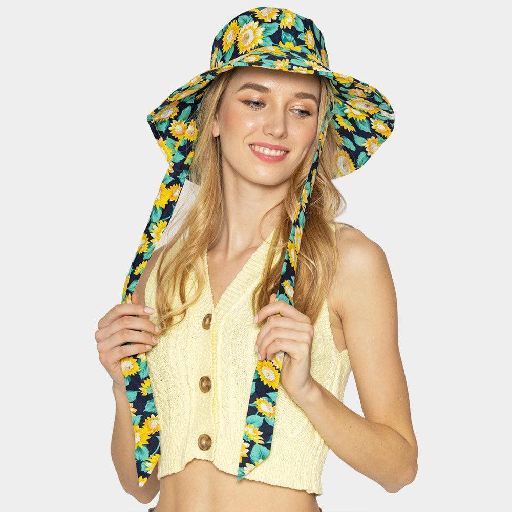 Sunflower Patterned Chin Tie Bucket Hat - Jewelry Store by Erik Rayo
