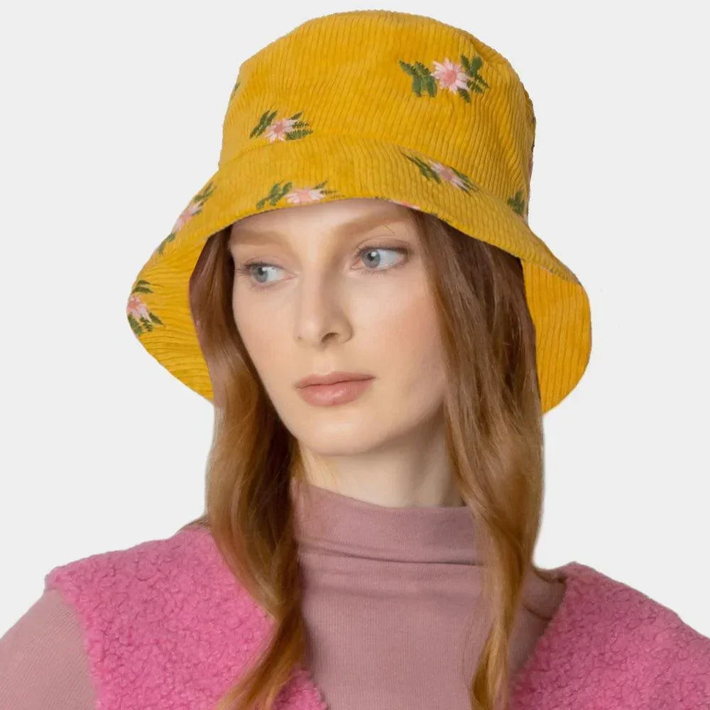 Embroidered Floral Corduroy Bucket Hat - Jewelry Store by Erik Rayo