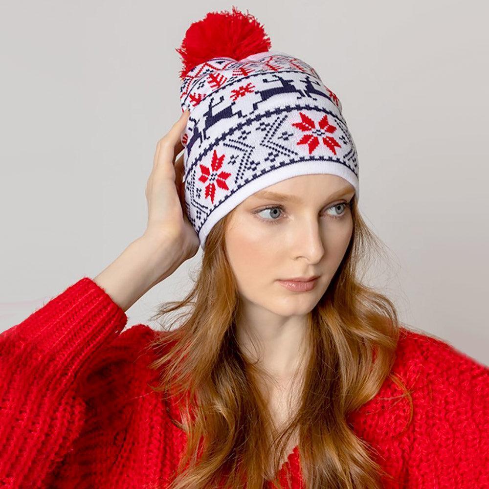 Christmas Reindeer Pom Knit Beanie Hat - Jewelry Store by Erik Rayo