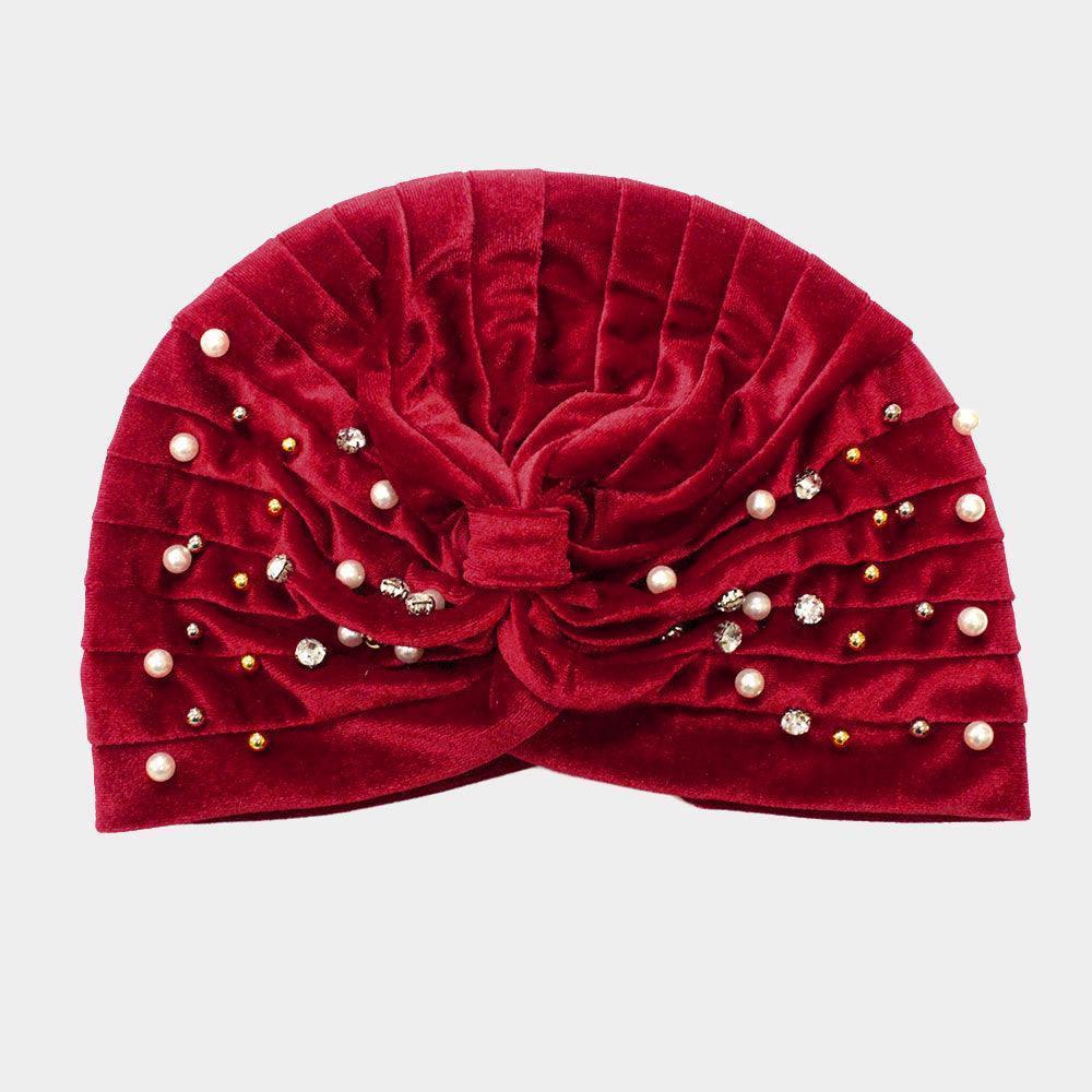 Stone Pearl Detailed Pleated Turban Beanie Hat - Jewelry Store by Erik Rayo