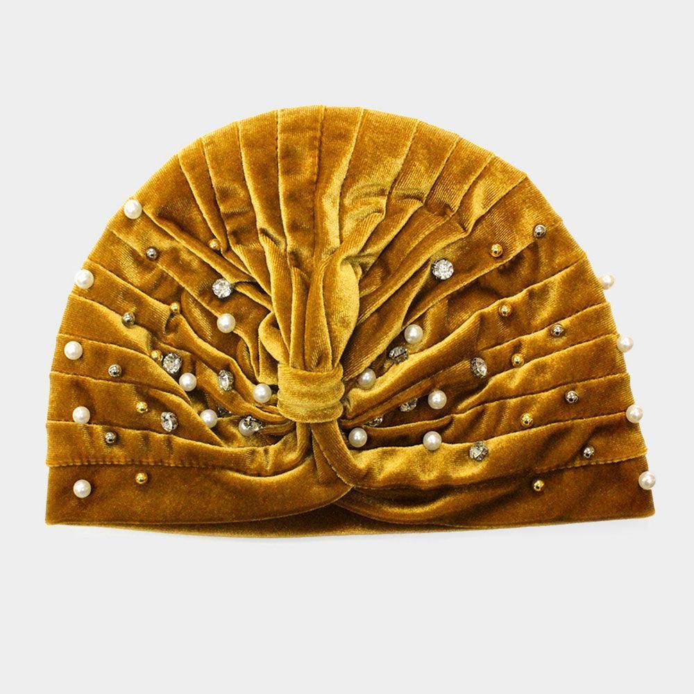 Stone Pearl Detailed Pleated Turban Beanie Hat - Jewelry Store by Erik Rayo
