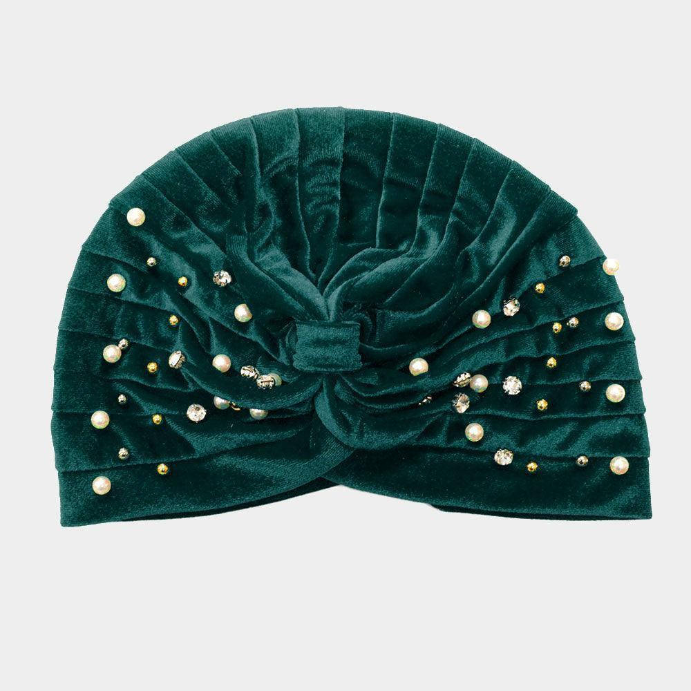 Stone Pearl Detailed Pleated Turban Beanie Hat - Jewelry Store by Erik Rayo