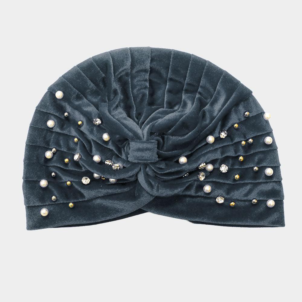 Stone Pearl Detailed Pleated Turban Beanie Hat - Jewelry Store by Erik Rayo