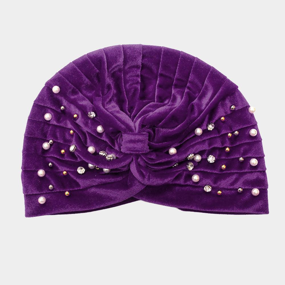 Stone Pearl Detailed Pleated Turban Beanie Hat - Jewelry Store by Erik Rayo