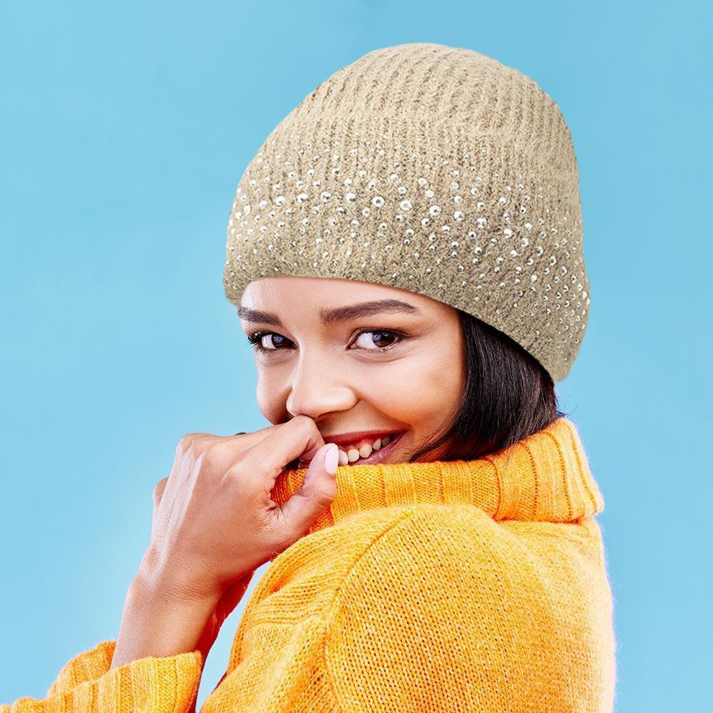 Fleece Lining Rhinestone Embellished Beanie Hat - Jewelry Store by Erik Rayo