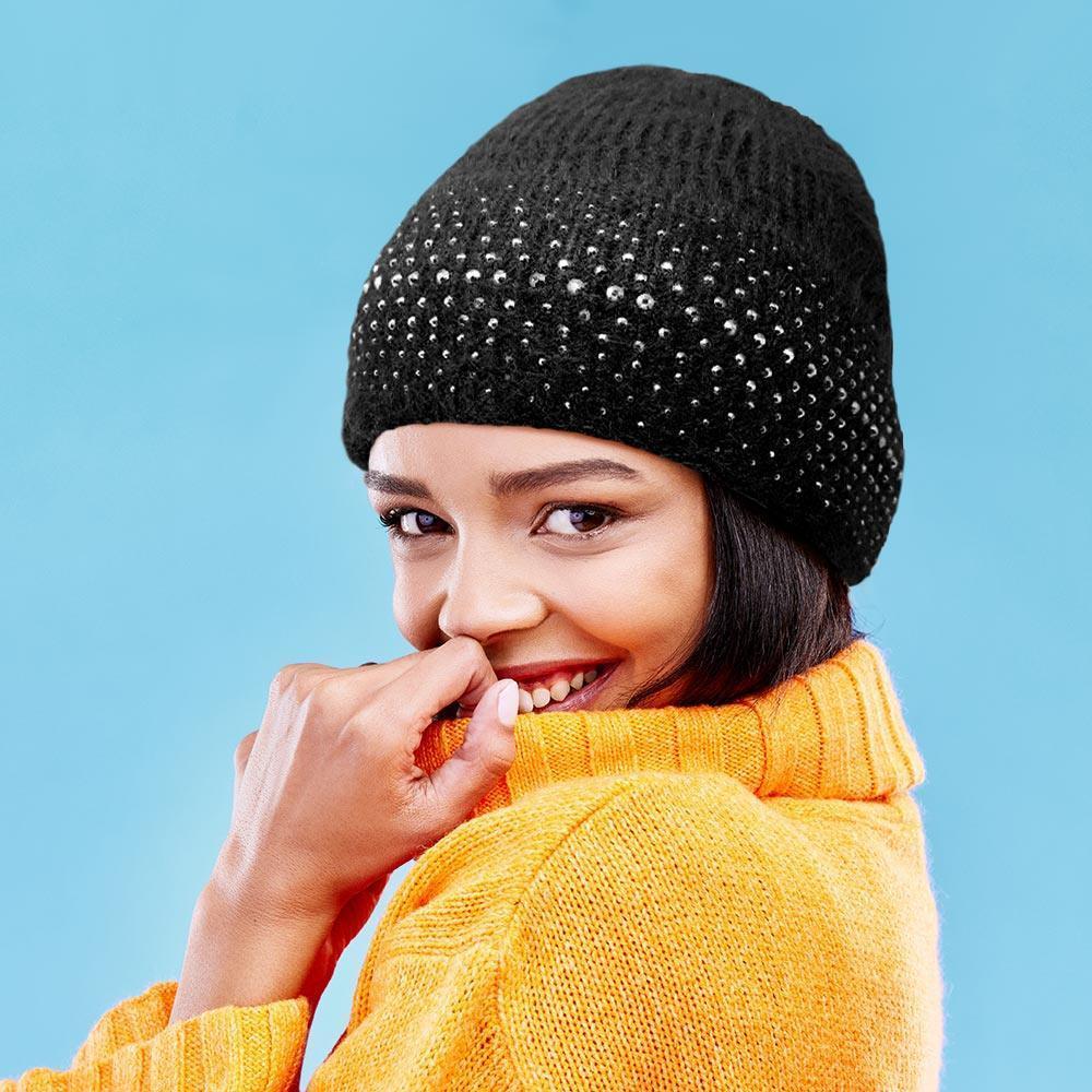 Fleece Lining Rhinestone Embellished Beanie Hat - Jewelry Store by Erik Rayo