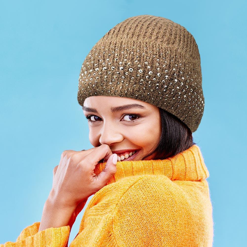 Fleece Lining Rhinestone Embellished Beanie Hat - Jewelry Store by Erik Rayo