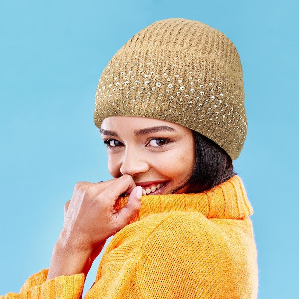 Fleece Lining Rhinestone Embellished Beanie Hat - Jewelry Store by Erik Rayo