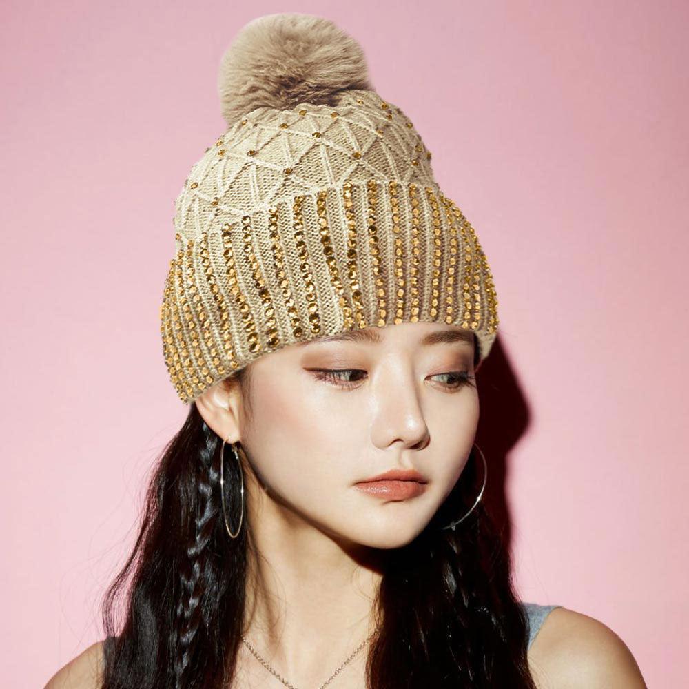 Fleece Lining Rhinestone Embellished Pom Pom Beanie Hat - Jewelry Store by Erik Rayo