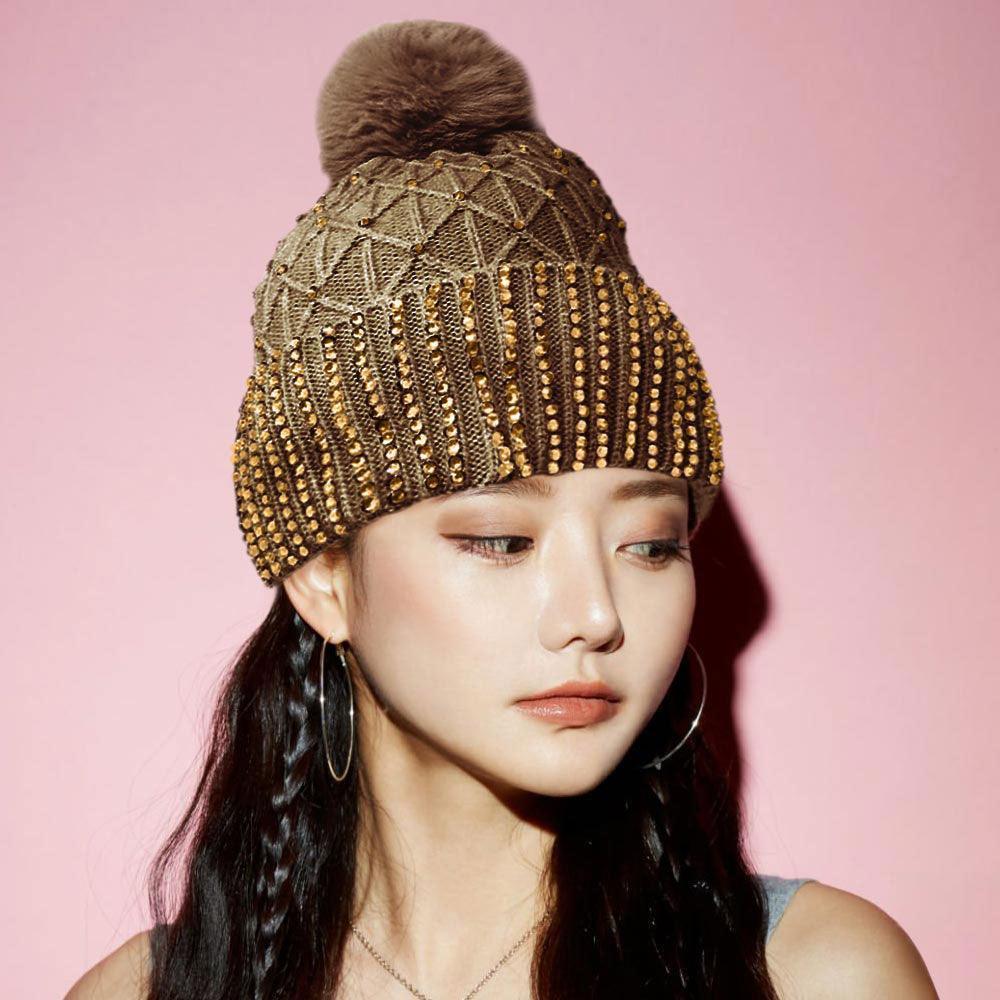 Fleece Lining Rhinestone Embellished Pom Pom Beanie Hat - Jewelry Store by Erik Rayo
