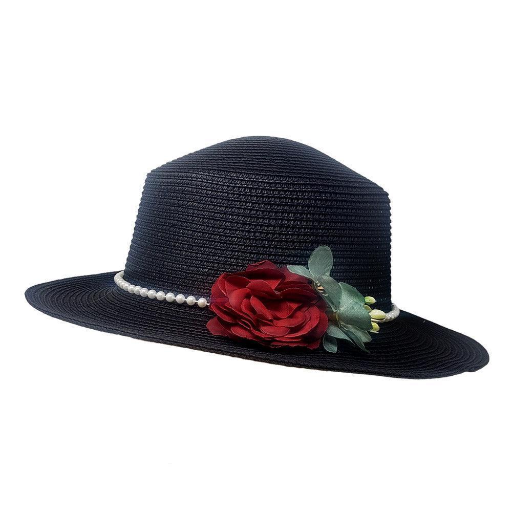Pearl Band Rose Corsage Pointed Raffia Sun Hat - Jewelry Store by Erik Rayo