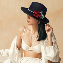 Load image into Gallery viewer, Pearl Band Rose Corsage Pointed Raffia Sun Hat
