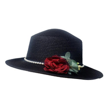 Load image into Gallery viewer, Pearl Band Rose Corsage Pointed Raffia Sun Hat
