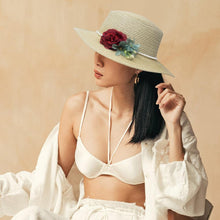 Load image into Gallery viewer, Pearl Band Rose Corsage Pointed Raffia Sun Hat
