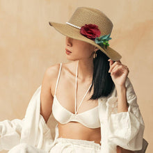 Load image into Gallery viewer, Pearl Band Rose Corsage Pointed Raffia Sun Hat
