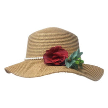 Load image into Gallery viewer, Pearl Band Rose Corsage Pointed Raffia Sun Hat
