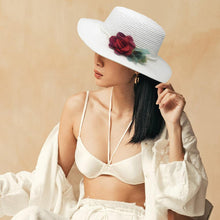 Load image into Gallery viewer, Pearl Band Rose Corsage Pointed Raffia Sun Hat
