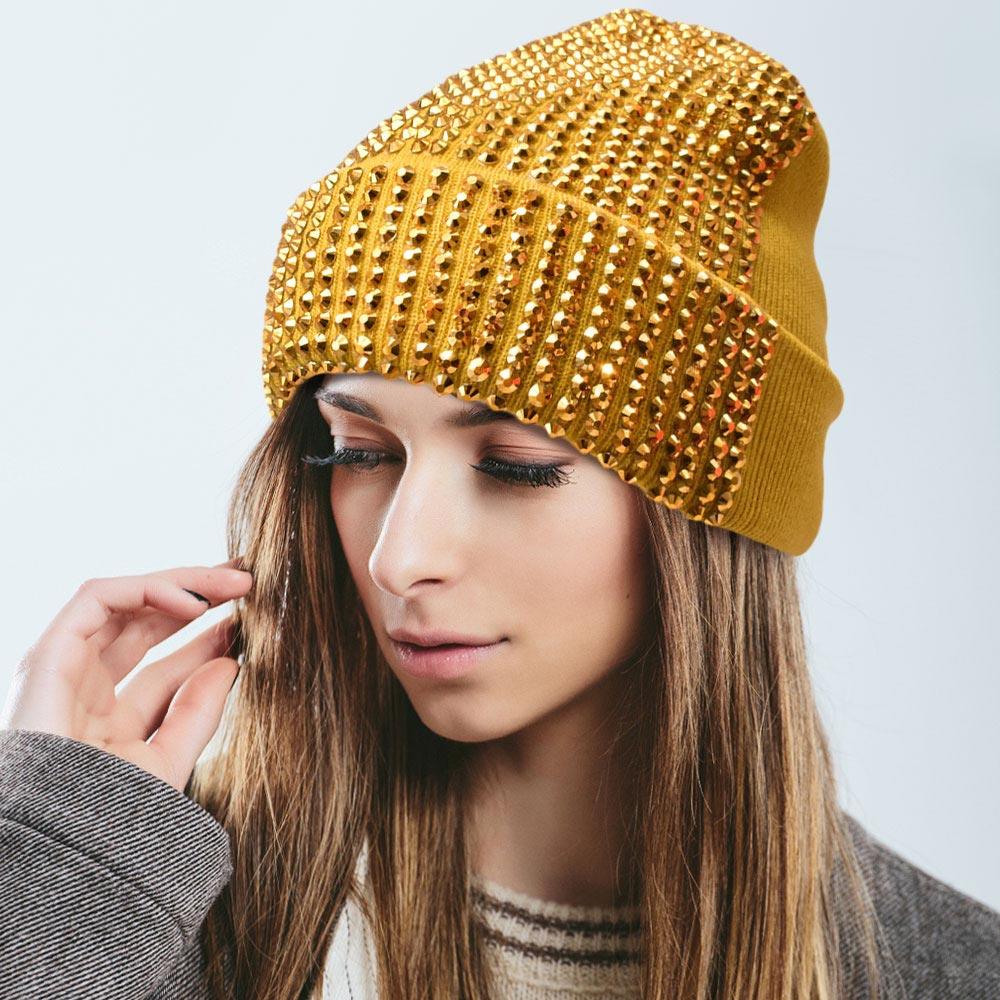 Single Sided Studded Knit Beanie Hat