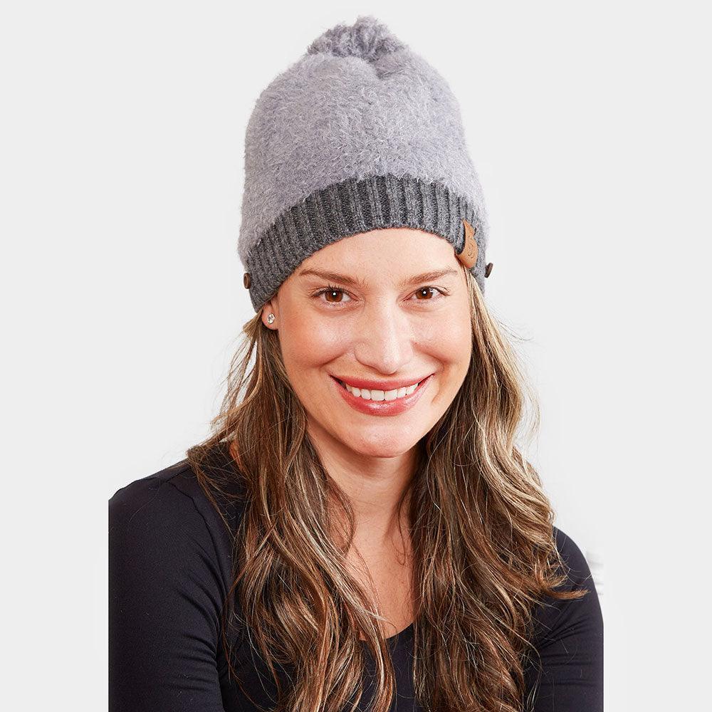 Face Mask Holder Button Cable Knit Pom Pom Beanie Hat - Jewelry Store by Erik Rayo