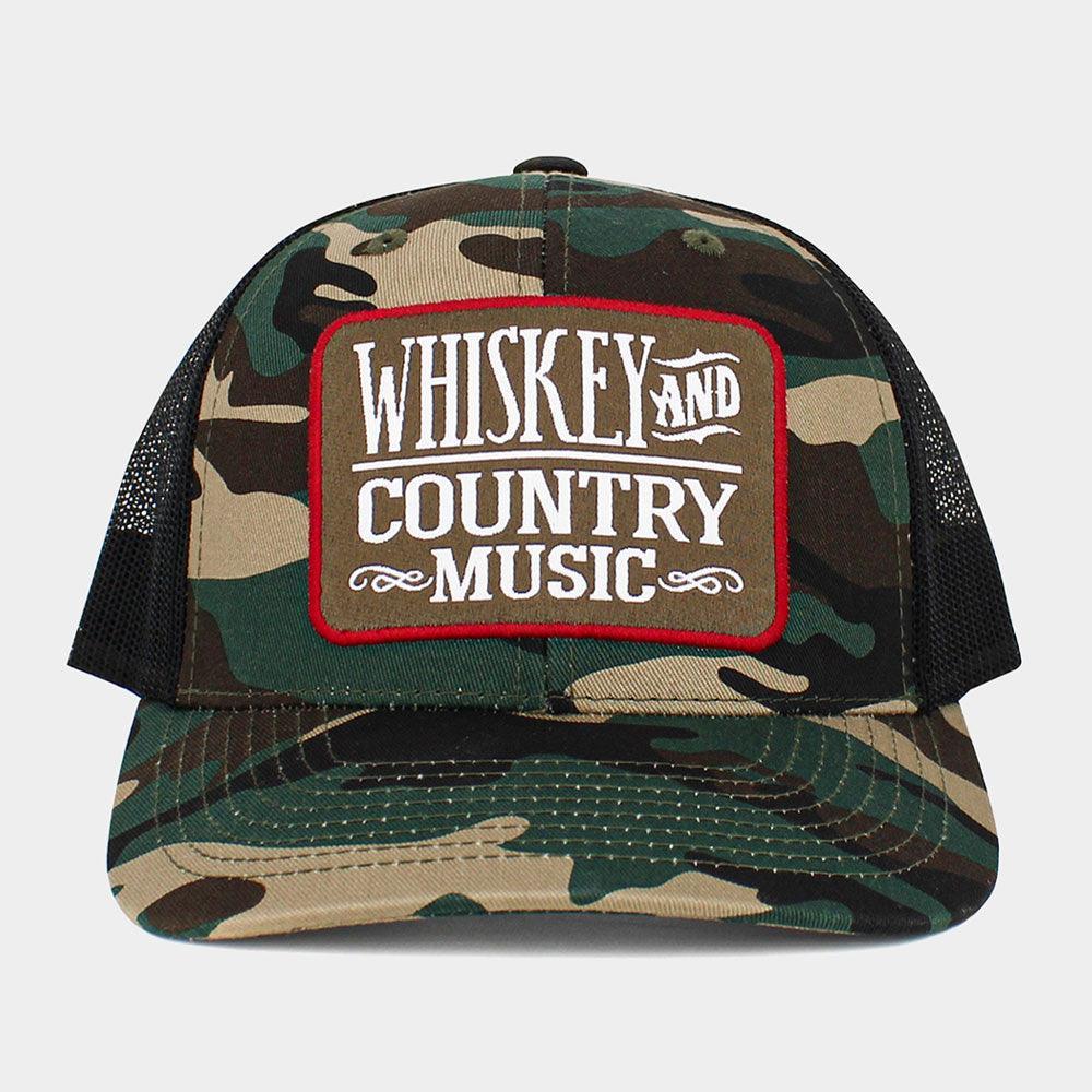 Whiskey and Country Music Message Camouflage Patterned Mesh Back Baseball Cap