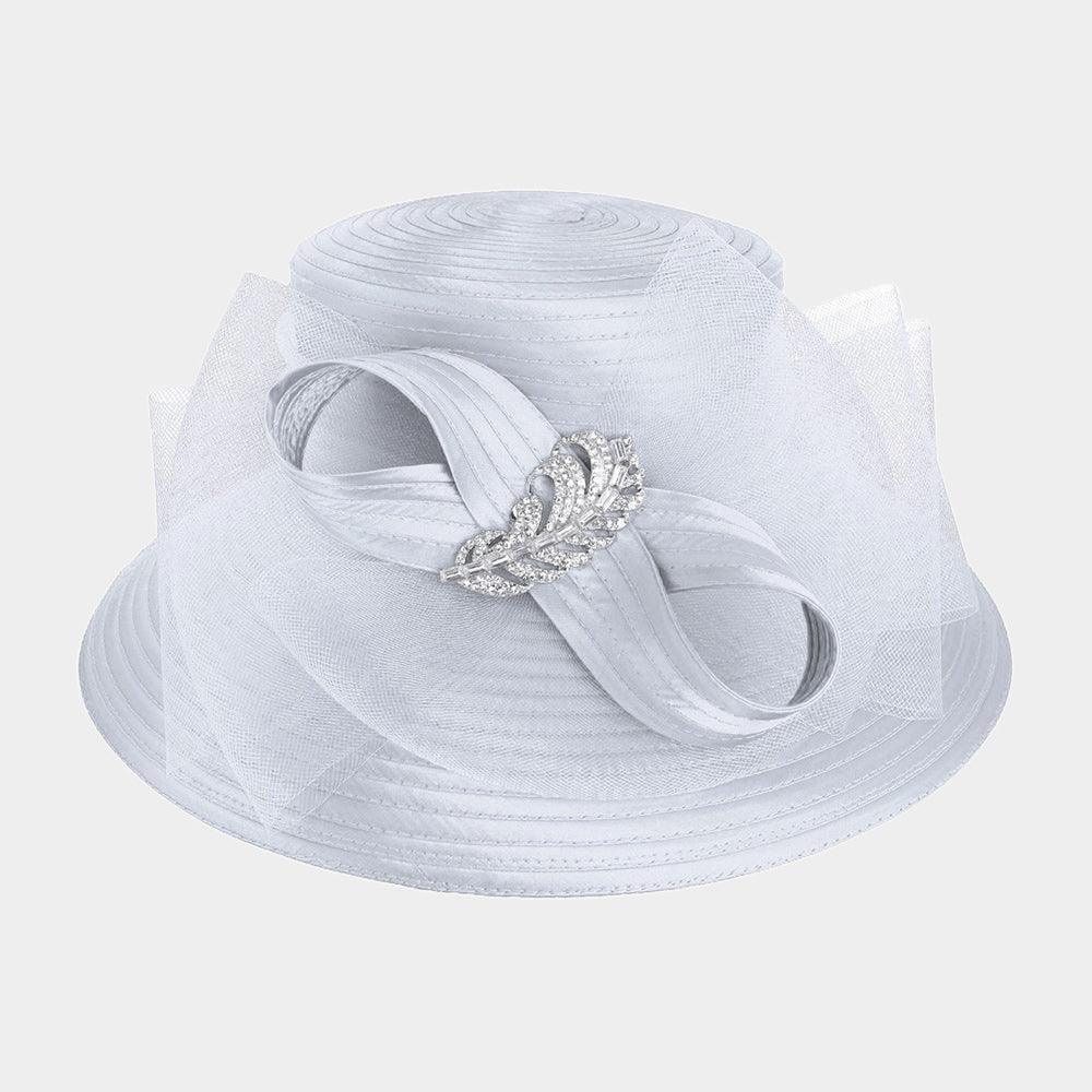 Rhinestone Embellished Feather Accented Mesh Bow Dressy Hat - Jewelry Store by Erik Rayo